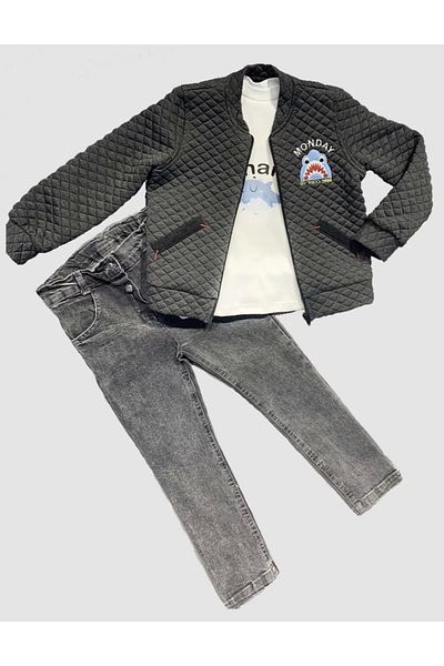 ALFA AKSESUAR 03 4-5-6 Years Old Pilot Coat with Jeans, Long Sleeve Combed Cotton Sweat 3-Piece Boy's Set Smoked