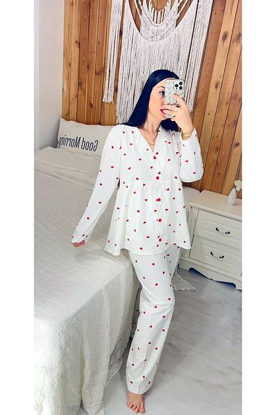 ByGamzeArman Long Sleeve Red Heart Pattern Combed Cotton Fabric Maternity Maternity Pajamas Set