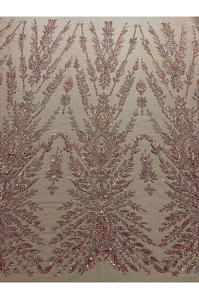 Luxuro Rose Gold Couture Lace with Symmetrical Pattern, Beads and Sequins