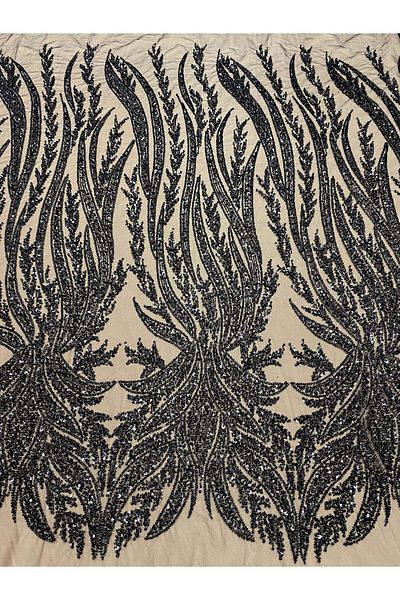 Luxuro Black Couture Lace with Panel, with Pearls, Beads and Sequins