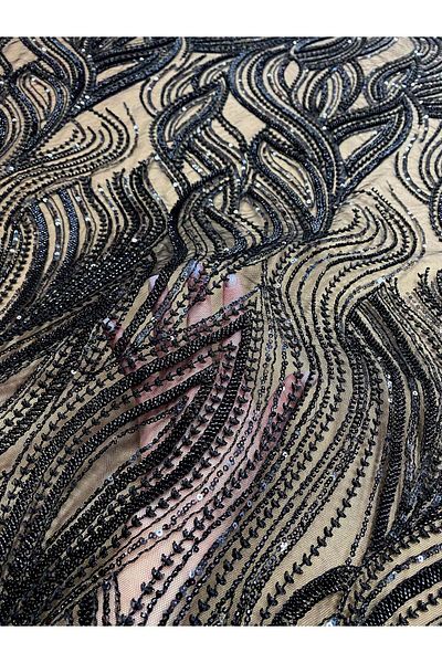 Luxuro Black Couture Lace with Linear Pattern, Beads and Sequins