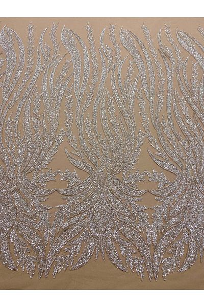 Luxuro Silver Couture Lace on Nude Tulle with Panel, with Pearls, Beads and Sequins