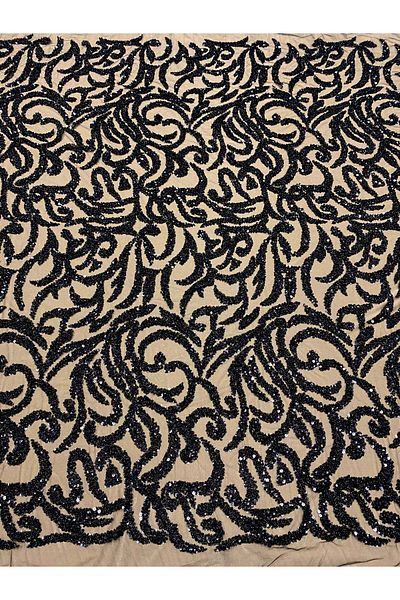 Luxuro Black Couture Lace with Geometric Pattern, Beads and Sequins
