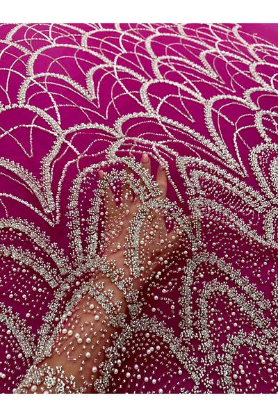 Luxuro Couture Silver Lace with Fuchsia Tulle with Geometric Pattern, with Pearls, Beads and Sequins
