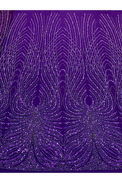 Luxuro Dark Purple Couture Lace with Panel, with Pearls, Beads and Sequins