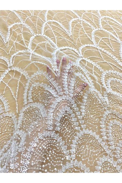 Luxuro Couture Diamond Lace with Geometric Pattern, with Pearls, Beads and Sequins
