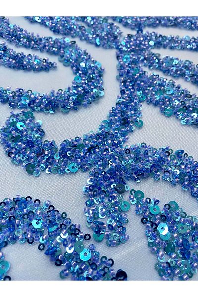 Luxuro Sky Blue Couture Lace with Geometric Pattern, Beads and Sequins