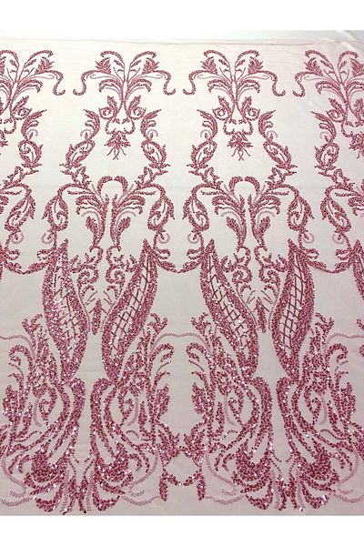 Luxuro Pink Couture Lace with Geometric Pattern, Beads and Sequins