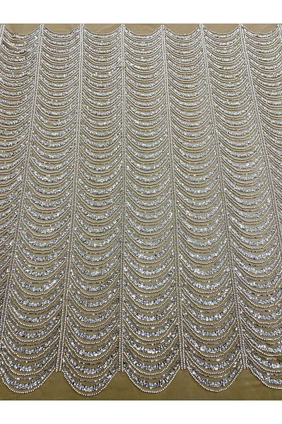 Luxuro Silver Couture Lace on Nude Tulle with Geometric Pattern, with Pearls, Beads and Sequins