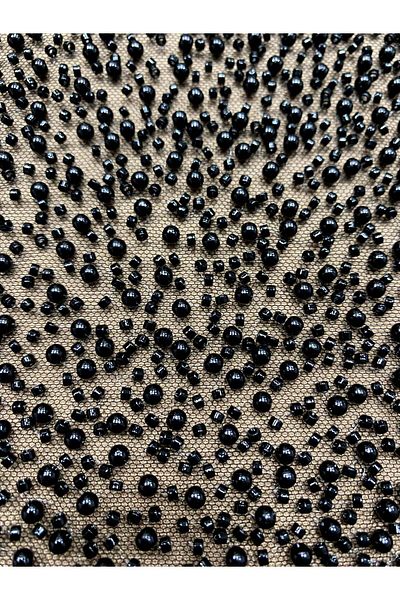 Luxuro Black Couture Lace with General Pattern, with Pearls and Beads