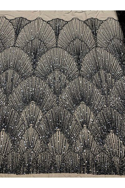 Luxuro Black Couture Lace with Geometric Pattern, with Pearls, Beads and Sequins