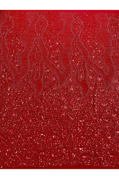 Luxuro Red Couture Lace with Geometric and Floral Pattern, with Beads and Sequins