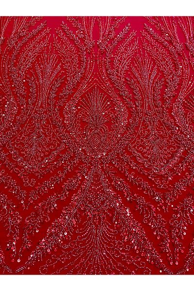 Luxuro Red Couture Lace with Geometric Pattern, with Pearls, Beads and Sequins