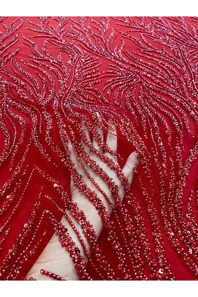 Luxuro Red Couture Lace with Strings, Beads and Sequins