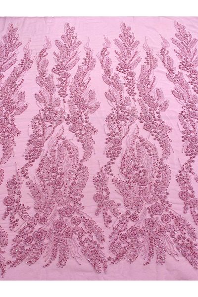 Luxuro Pink Couture Lace with Floral Pattern, Pearls, Beads and Sequins