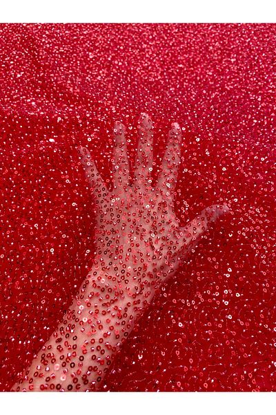 Luxuro Red Couture Lace with General Pattern, Beads and Sequins