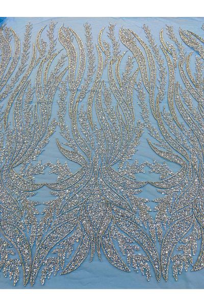 Luxuro Silver Couture Lace on Blue Tulle with Panel, with Pearls, Beads and Sequins