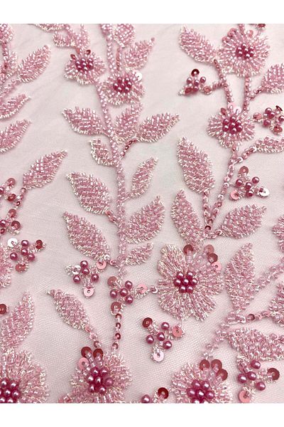 Luxuro Pink Couture Lace with Floral Pattern, Pearls, Beads and Sequins