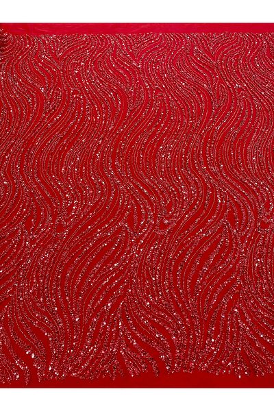 Luxuro Red Couture Lace with Linear Pattern, Beads and Sequins