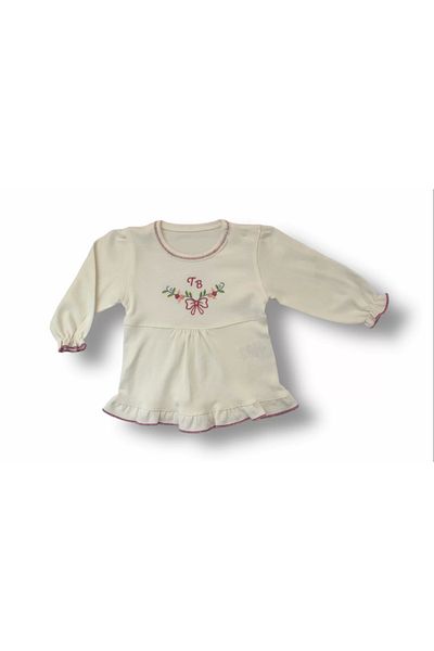 ALFA AKSESUAR 03 3-6 6-9 9-12 Months Tb Flower Embroidered Hat Long Sleeve Sweatshirt 3-Piece Baby Girl Set Ecru