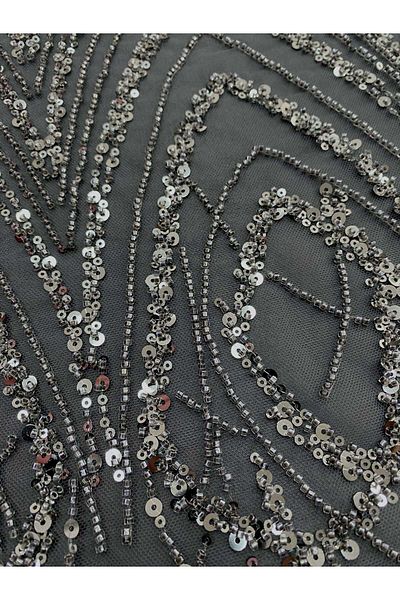 Luxuro Anthracite Grey Couture Lace with Geometric Pattern with Beads and Sequins