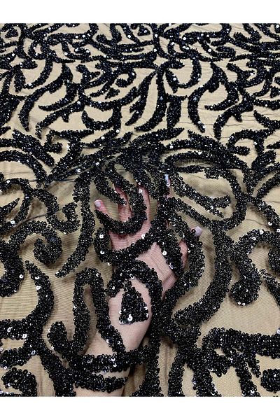 Luxuro Black Couture Lace with Geometric Pattern, Beads and Sequins