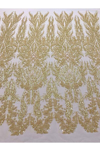 Luxuro Gold Couture Lace with Symmetrical Pattern, with Pearls, Beads and Sequins