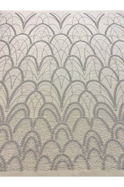 Luxuro Silver Couture Lace with Geometric Pattern, with Pearls, Beads and Sequins