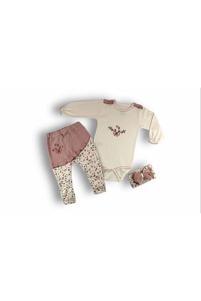 ALFA AKSESUAR 03 3-6 6-9 9-12 Months Tb Flower Embroidered Bandana Long Sleeve Bodysuit 3 Piece Baby Girl Set Ecru