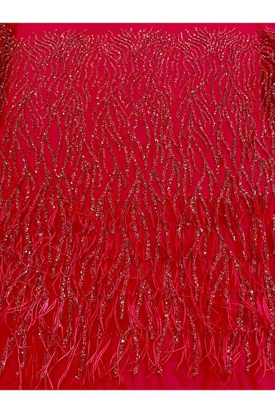 Luxuro Red Couture Lace with Ostrich Feathers, Strings, Beads and Sequins
