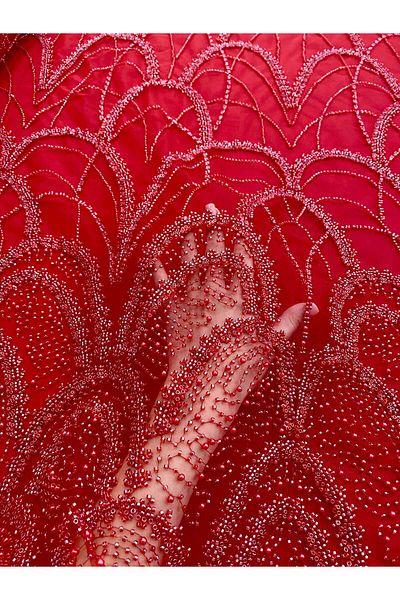Luxuro Red Couture Lace with Geometric Pattern, with Pearls, Beads and Sequins