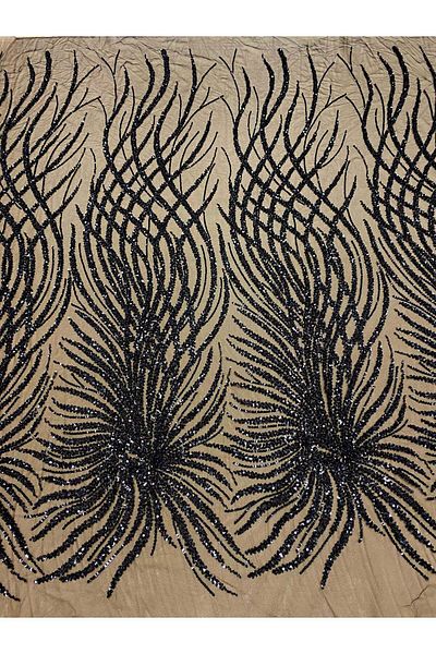 Luxuro Black Couture Lace with Geometric Pattern, Beads and Sequins
