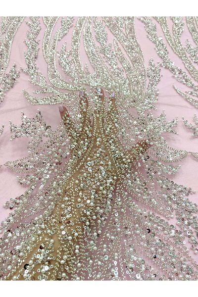 Luxuro Silver Couture Lace on Pink Tulle with Panel, with Pearls, Beads and Sequins