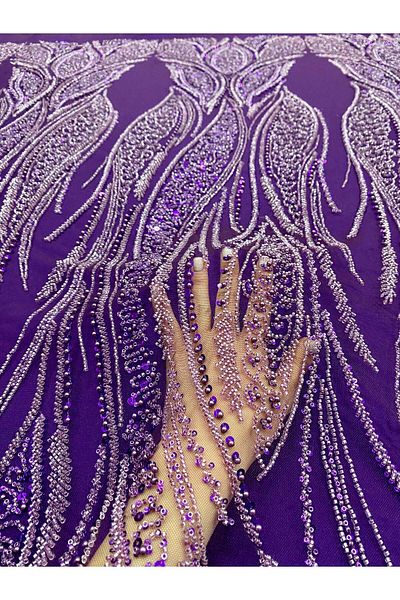 Luxuro Dark Purple Couture Lace with Panel, with Pearls, Beads and Sequins