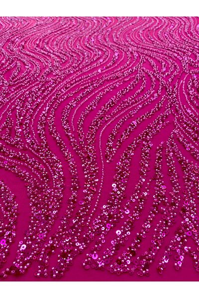 Luxuro Fuchsia Couture Lace with Linear Pattern, Beads and Sequins
