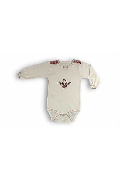 ALFA AKSESUAR 03 3-6 6-9 9-12 Months Tb Flower Embroidered Bandana Long Sleeve Bodysuit 3 Piece Baby Girl Set Ecru