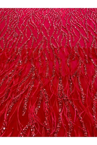 Luxuro Red Couture Lace with Ostrich Feathers, Strings, Beads and Sequins