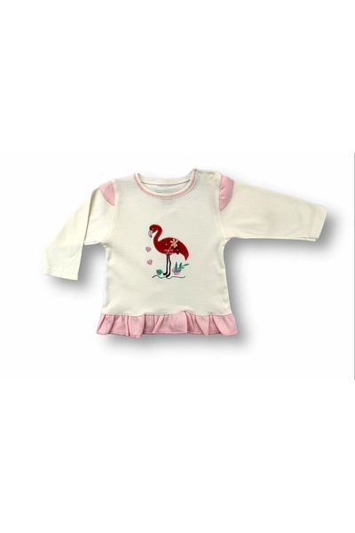 ALFA AKSESUAR 03 3-6 6-9 9-12 Months Flamingo Embroidered Long Sleeve Sweatshirt 2-Piece Girl Baby Set Ecru