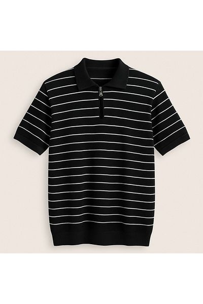 LC Waikiki Striped Design Polo Collar Zipper Breathable Short Sleeve Men's Summer Knitwear T-Shirt