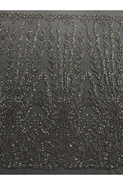 Luxuro Anthracite Grey Couture Lace with Geometric Pattern, Beads and Sequins