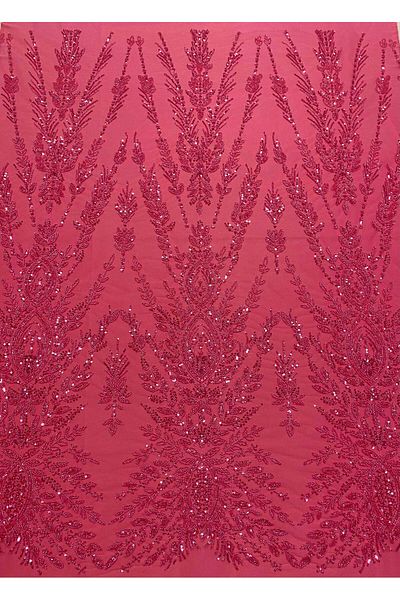 Luxuro Coral Pink Couture Lace with Symmetrical Pattern, Beads and Sequins