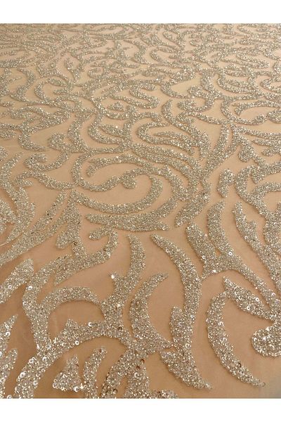 Luxuro Silver Couture Lace with Geometric Pattern, Beads and Sequins