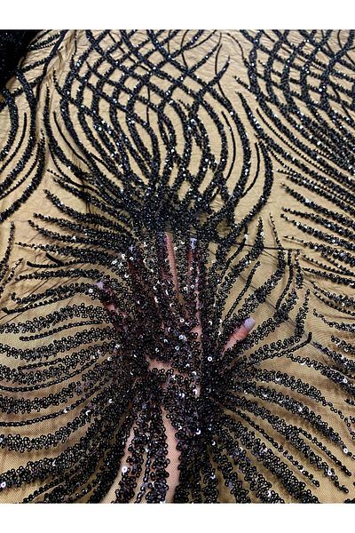 Luxuro Black Couture Lace with Geometric Pattern, Beads and Sequins