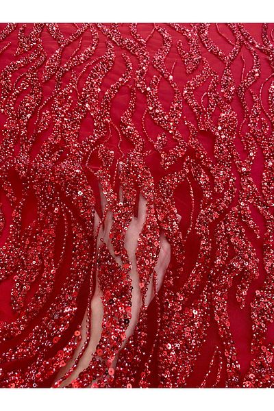 Luxuro Red Couture Lace with Strings, Beads and Sequins