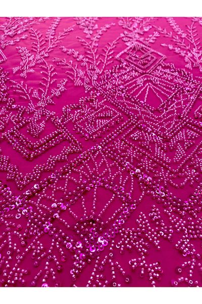Luxuro Couture Fuchsia Lace with Geometric Pattern, Beads and Sequins