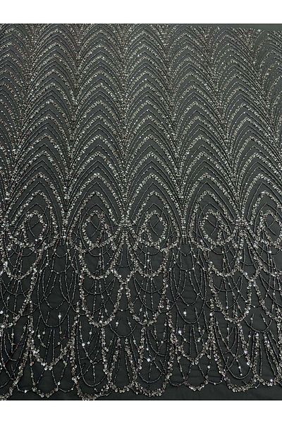 Luxuro Anthracite Grey Couture Lace with Geometric Pattern with Beads and Sequins