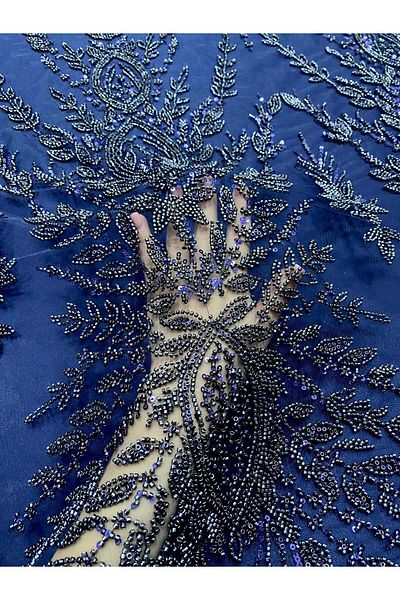 Luxuro Navy Blue Couture Lace with Symmetrical Pattern, Beads and Sequins