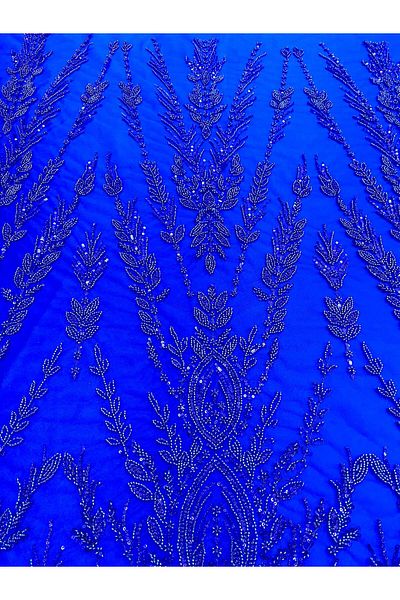 Luxuro Royal Blue Couture Lace with Symmetrical Pattern, Beads and Sequins