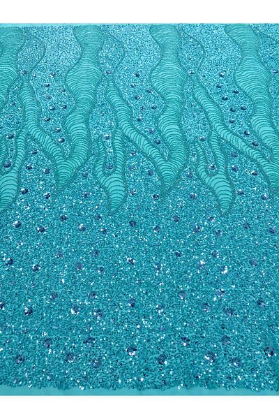 Luxuro Turquoise Couture Lace with Geometric and Floral Pattern, with Beads and Sequins