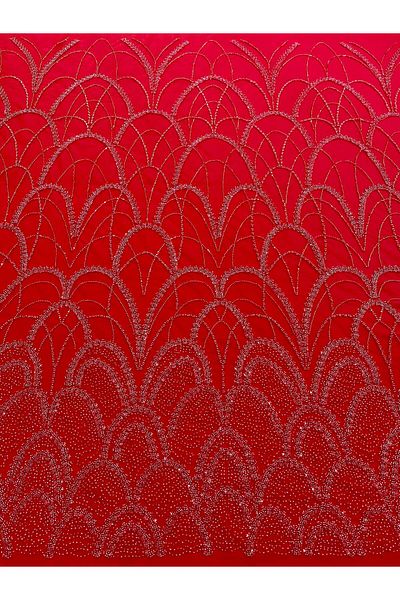 Luxuro Red Couture Lace with Geometric Pattern, with Pearls, Beads and Sequins